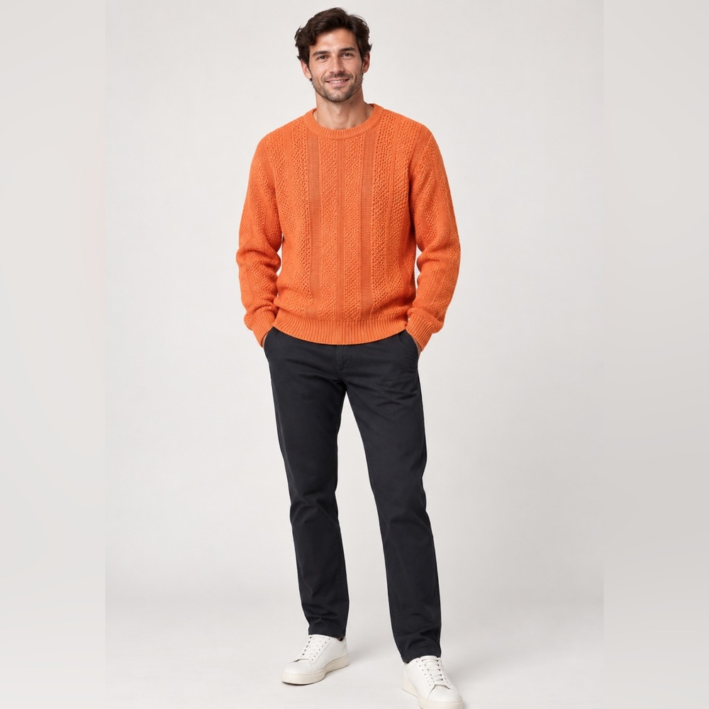 VNTG Van Heusen Men Large Orange Cotton Chunky Knit Sweater Fisherman Grandpa